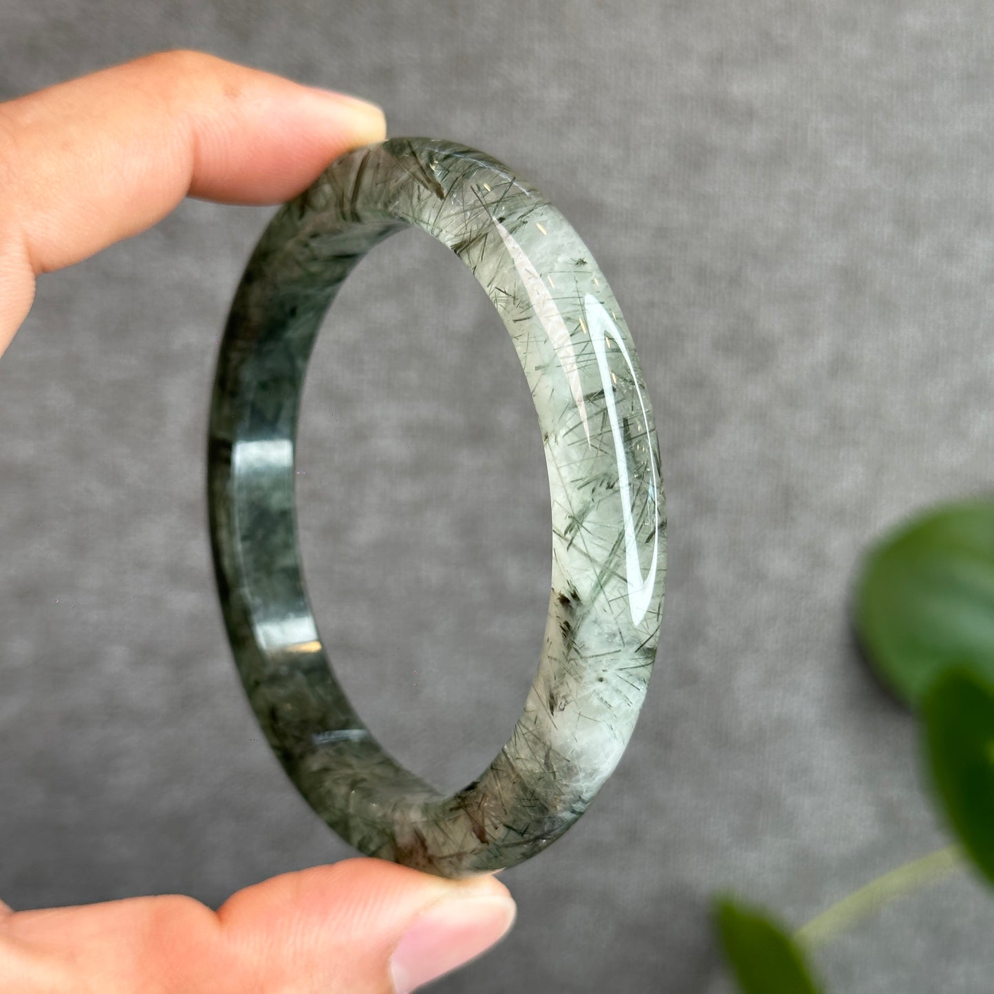 Natural Green Rutilated Quartz Bangle Leaf Style 58.8 mm