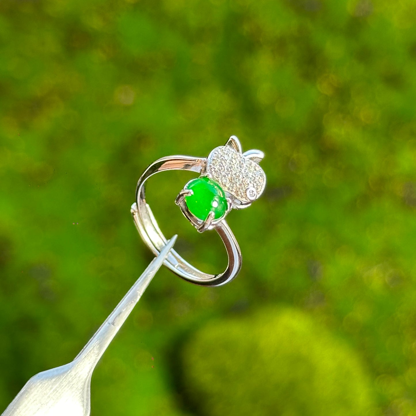 Apple Icy Imperial Green Natural Jadeite Jade Ring Free size in Silver 925 Setting