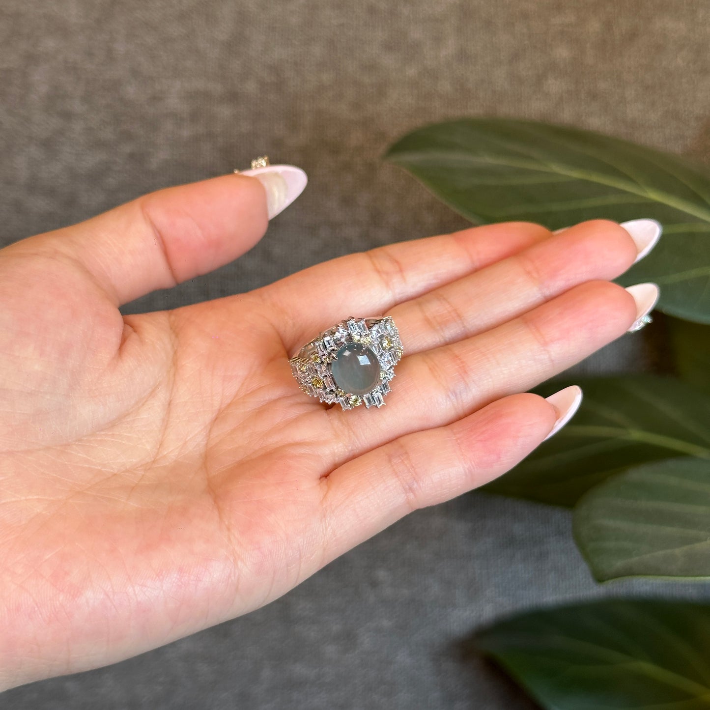 Water Green Icy Natural Jadeite Jade with Surrounding Rectangluar Stones Style 10 K White Gold Setting Size 1.66