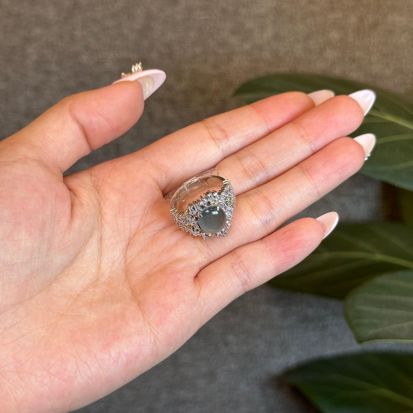 Water Green Icy Natural Jadeite Jade with Surrounding Rectangluar Stones Style 10 K White Gold Setting Size 1.66