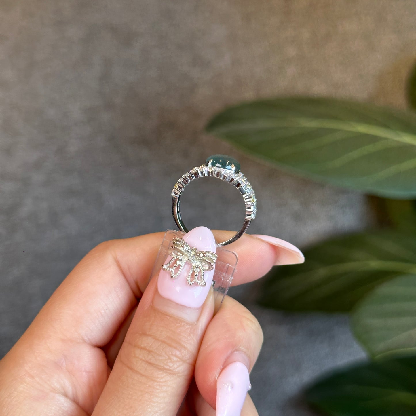 Water Green Icy Natural Jadeite Jade with Surrounding Rectangluar Stones Style 10 K White Gold Setting Size 1.66