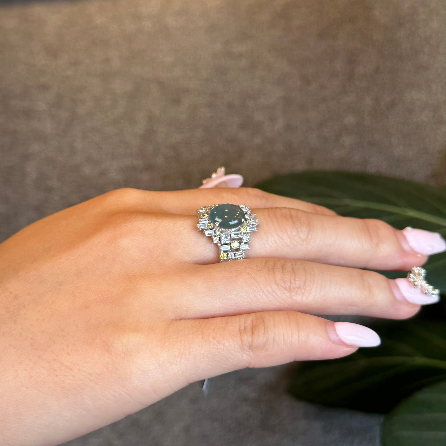 Water Green Icy Natural Jadeite Jade with Surrounding Rectangluar Stones Style 10 K White Gold Setting Size 1.66