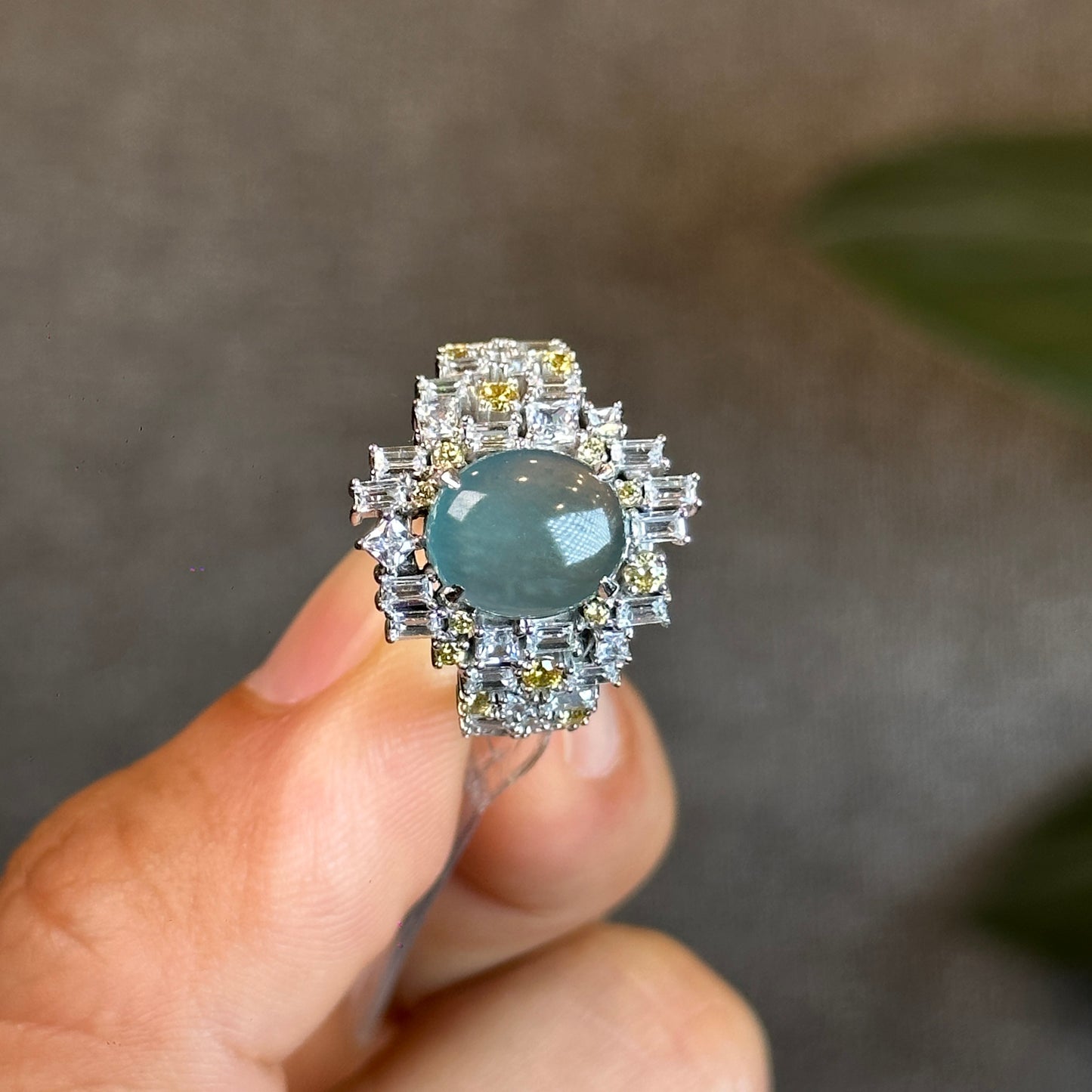 Water Green Icy Natural Jadeite Jade with Surrounding Rectangluar Stones Style 10 K White Gold Setting Size 1.66