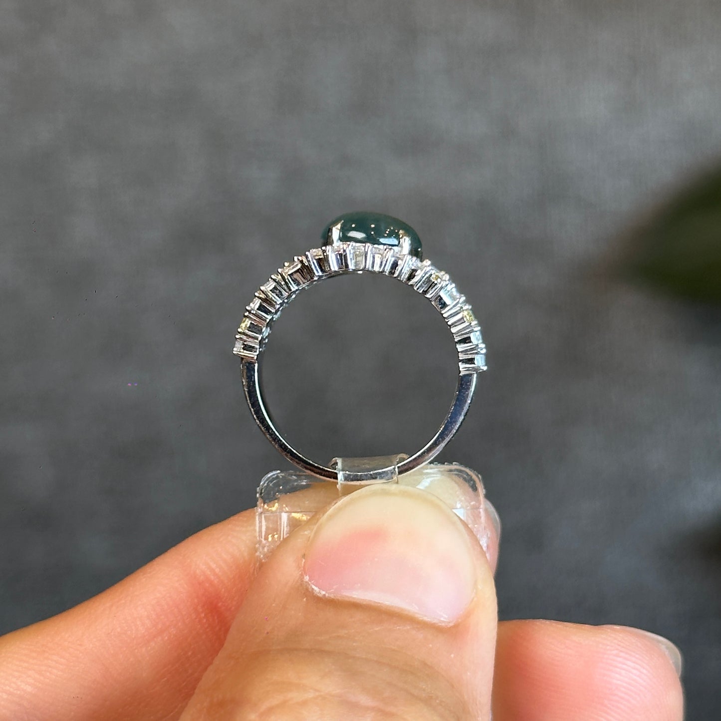 Water Green Icy Natural Jadeite Jade with Surrounding Rectangluar Stones Style 10 K White Gold Setting Size 1.66