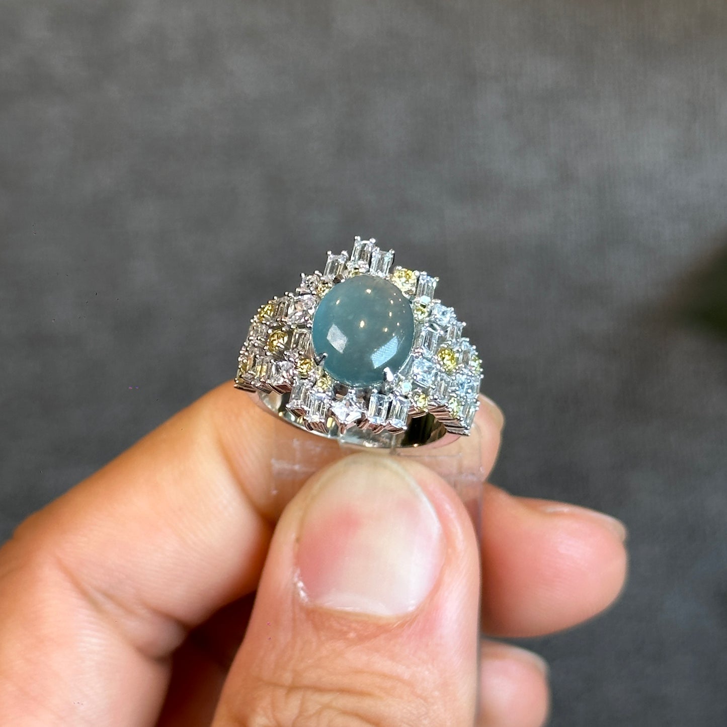 Water Green Icy Natural Jadeite Jade with Surrounding Rectangluar Stones Style 10 K White Gold Setting Size 1.66