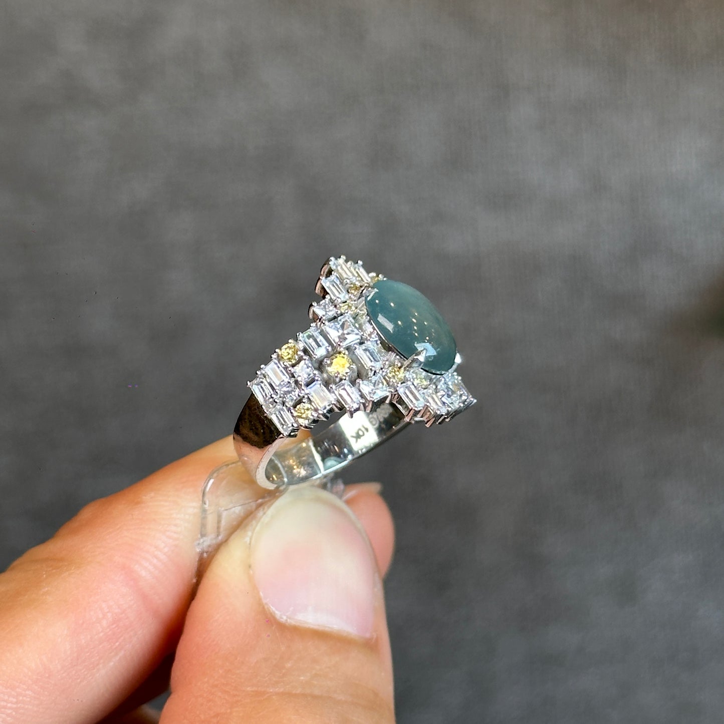 Water Green Icy Natural Jadeite Jade with Surrounding Rectangluar Stones Style 10 K White Gold Setting Size 1.66