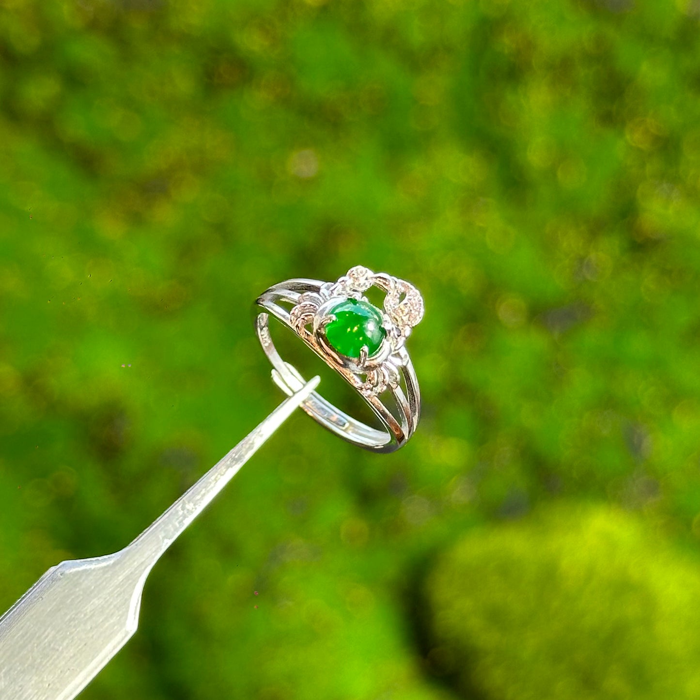 Crab  Icy Imperial Green Natural Jadeite Jade Ring Free size in Silver 925 Setting