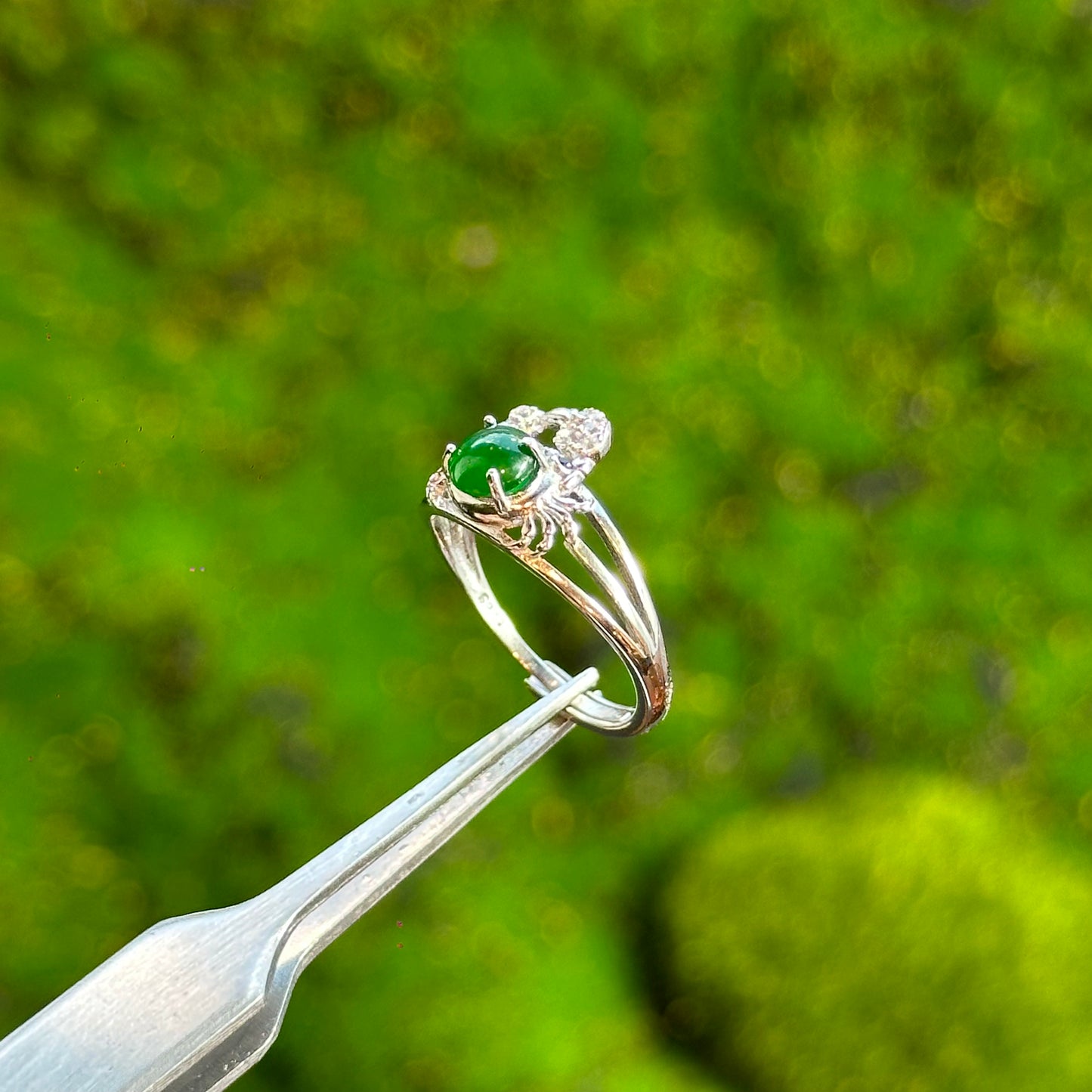 Crab  Icy Imperial Green Natural Jadeite Jade Ring Free size in Silver 925 Setting