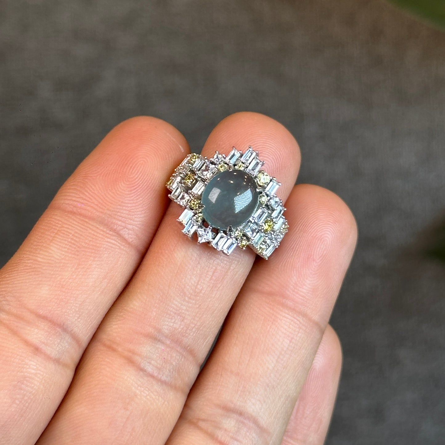 Water Green Icy Natural Jadeite Jade with Surrounding Rectangluar Stones Style 10 K White Gold Setting Size 1.66