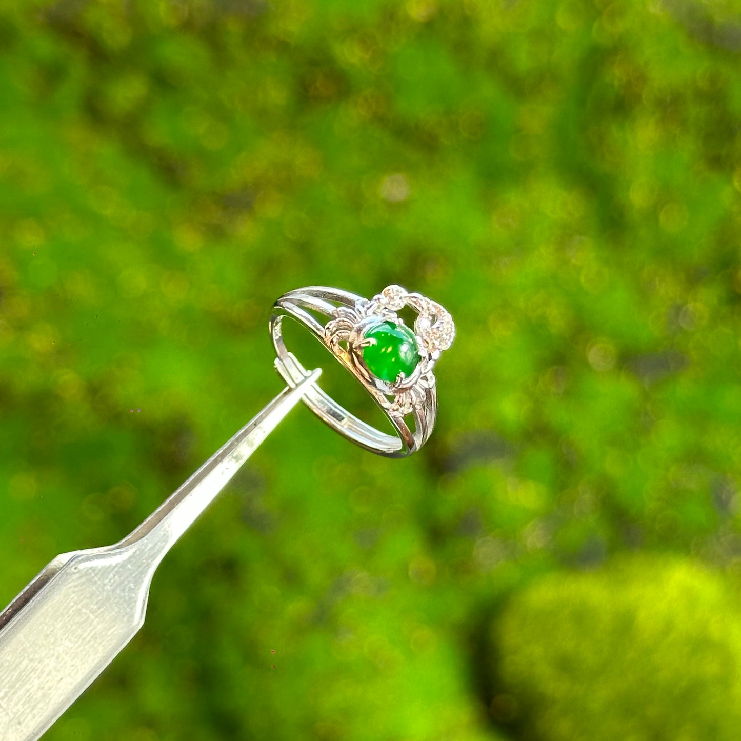 Crab  Icy Imperial Green Natural Jadeite Jade Ring Free size in Silver 925 Setting