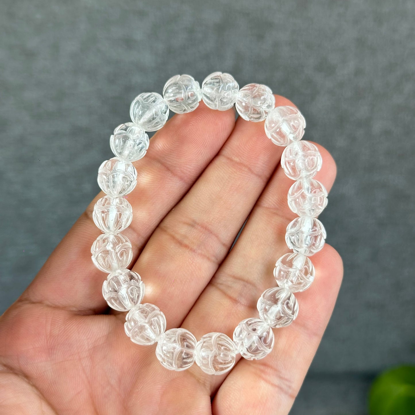Lotus Carved Natural Clear Quartz Bracelet Size 10mm