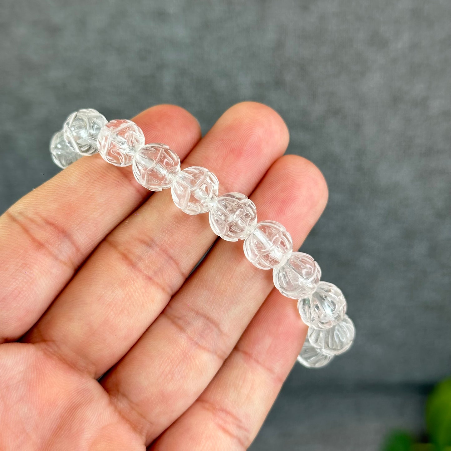 Lotus Carved Natural Clear Quartz Bracelet Size 10mm