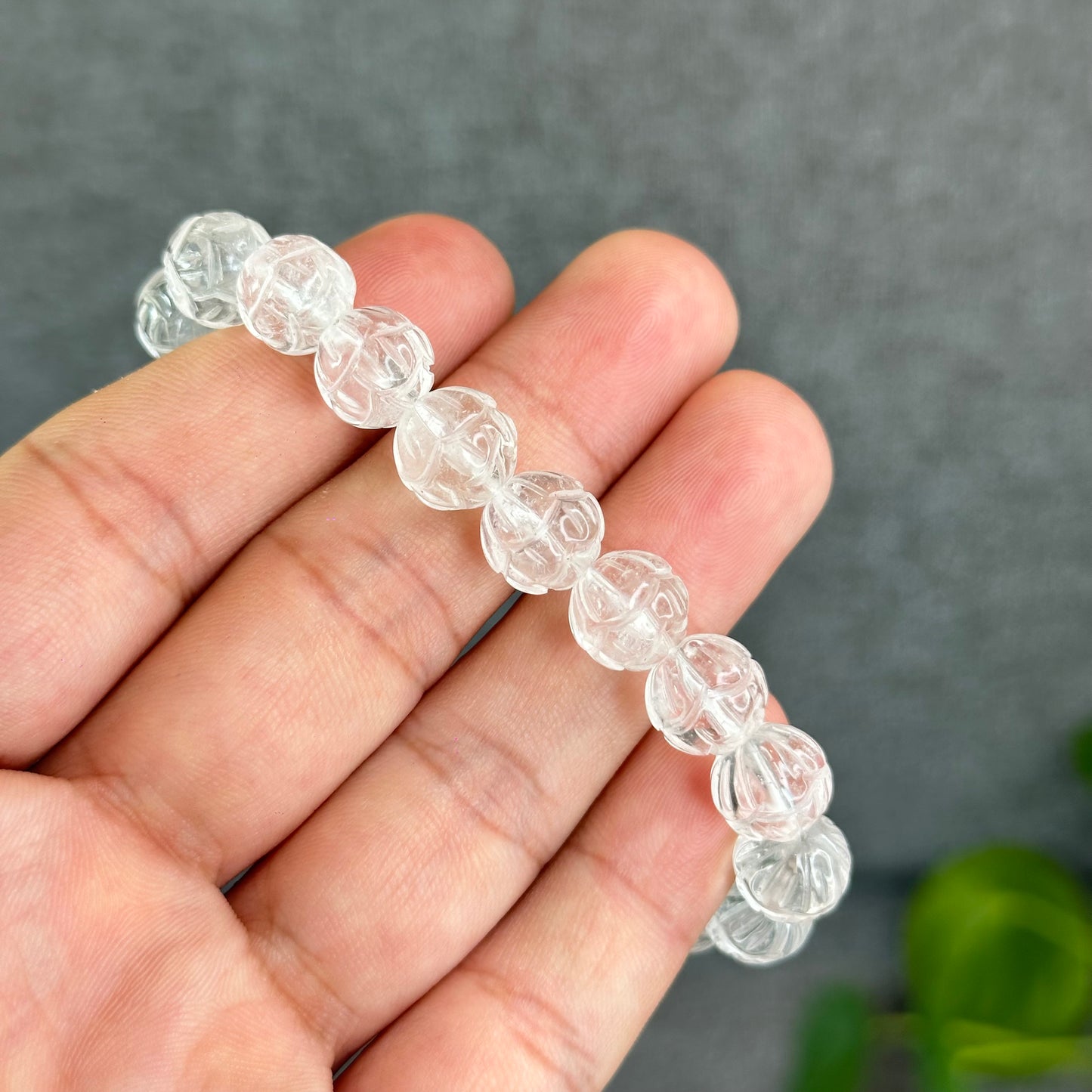 Lotus Carved Natural Clear Quartz Bracelet Size 10mm