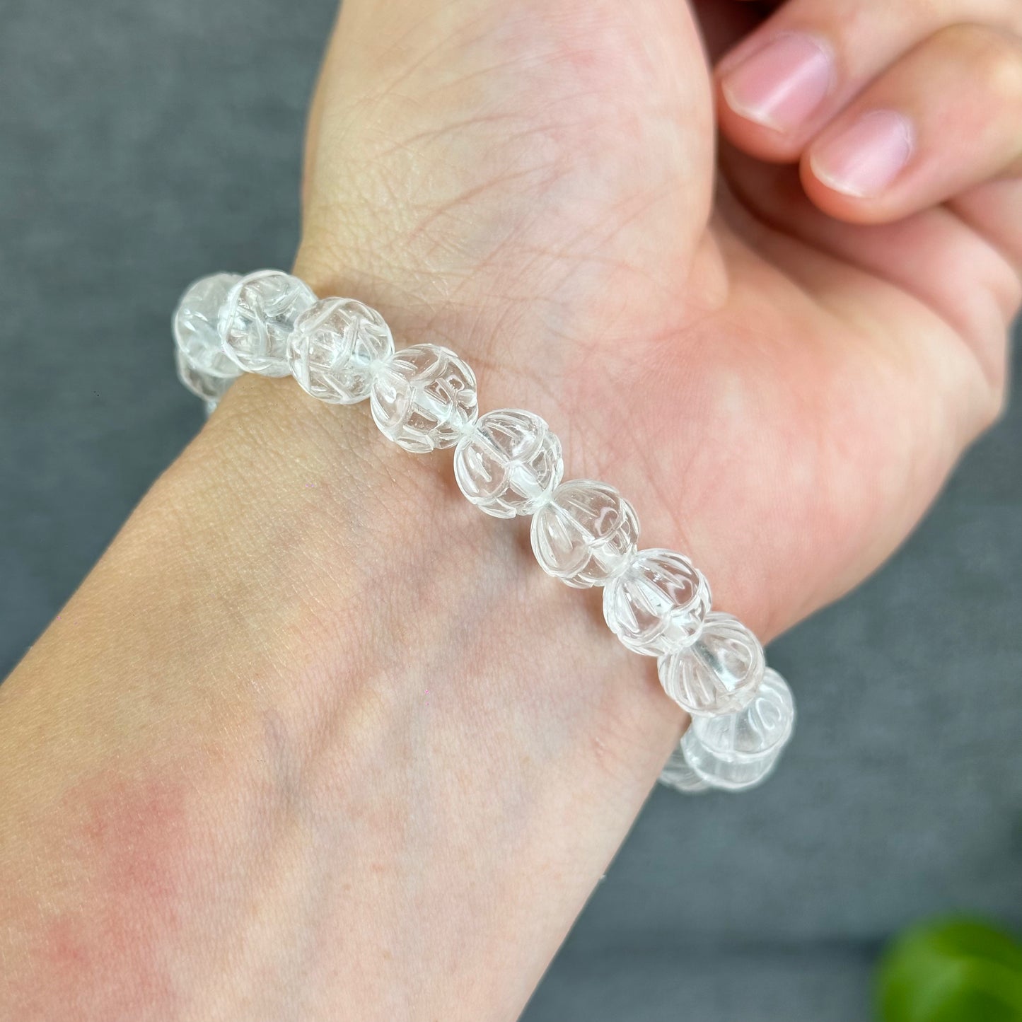 Lotus Carved Natural Clear Quartz Bracelet Size 10mm