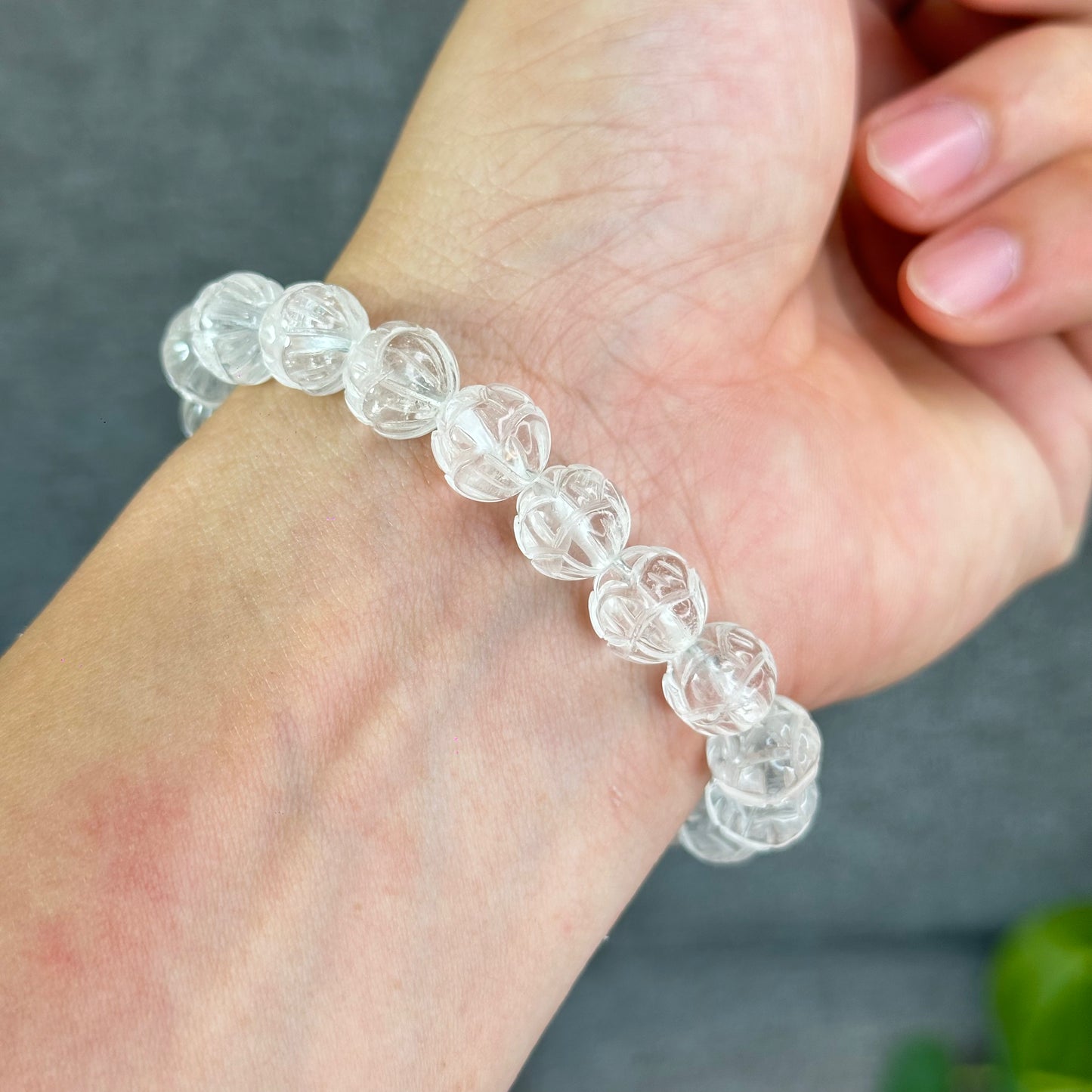 Lotus Carved Natural Clear Quartz Bracelet Size 10mm