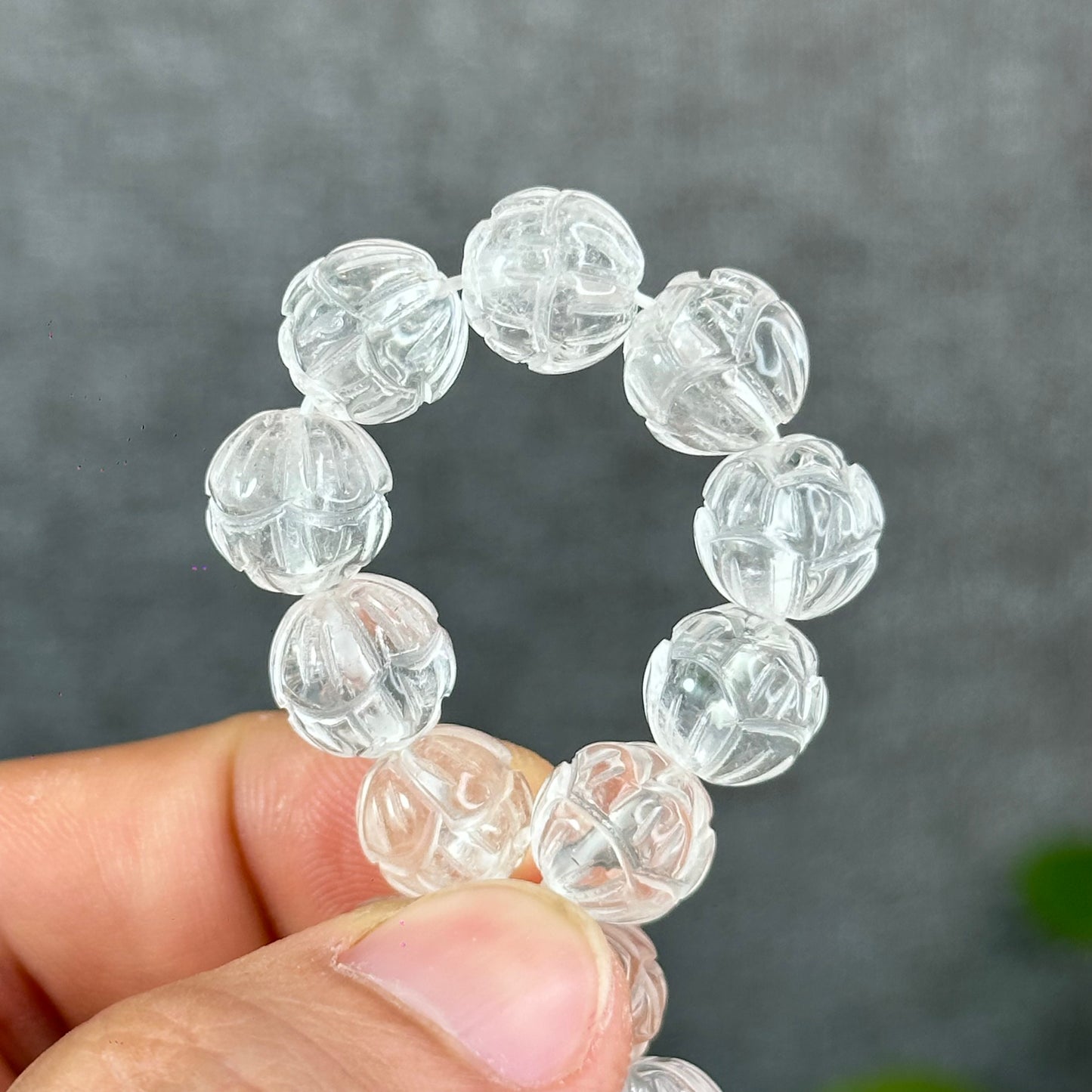 Lotus Carved Natural Clear Quartz Bracelet Size 10mm