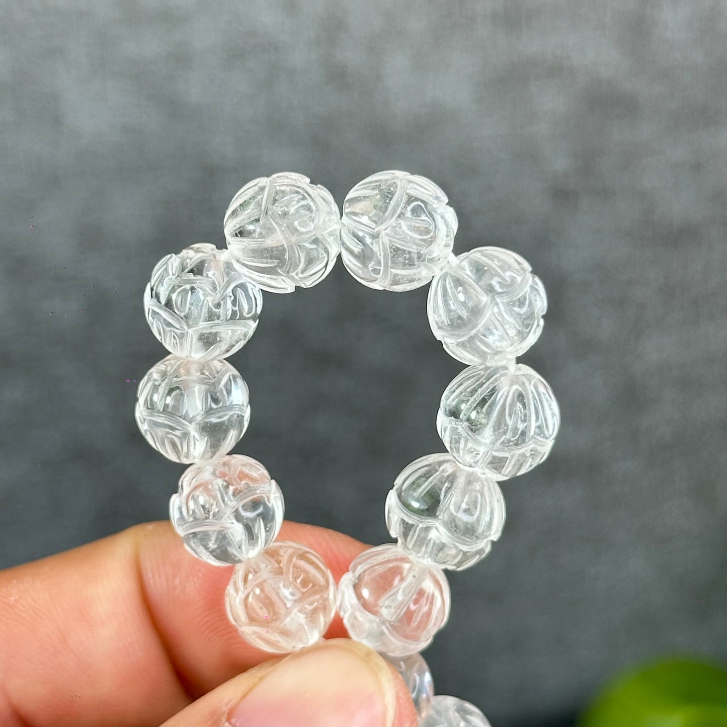 Lotus Carved Natural Clear Quartz Bracelet Size 10mm