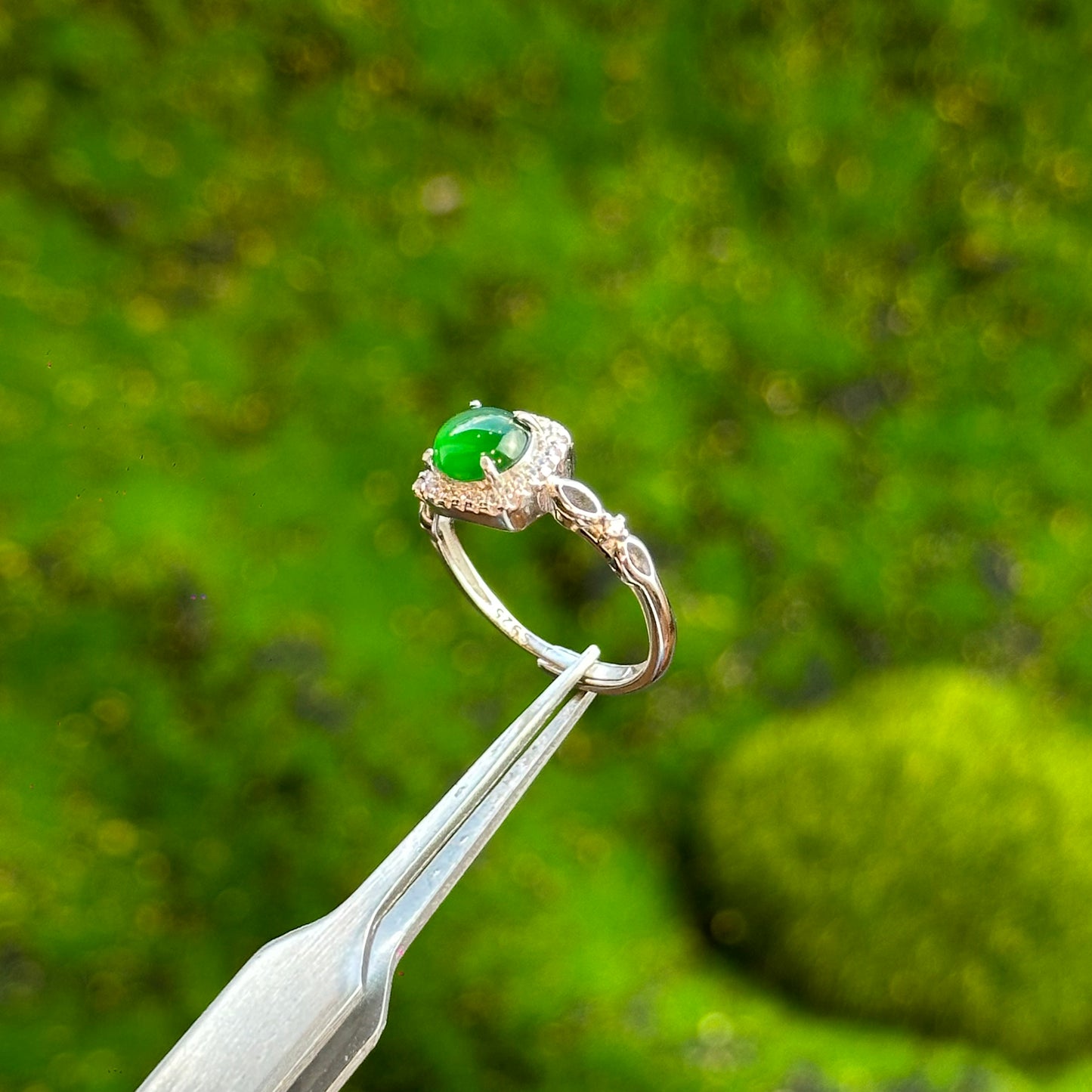 Square Infinity Icy Imperial Green Natural Jadeite Jade Ring Free Size in Silver 925 Setting
