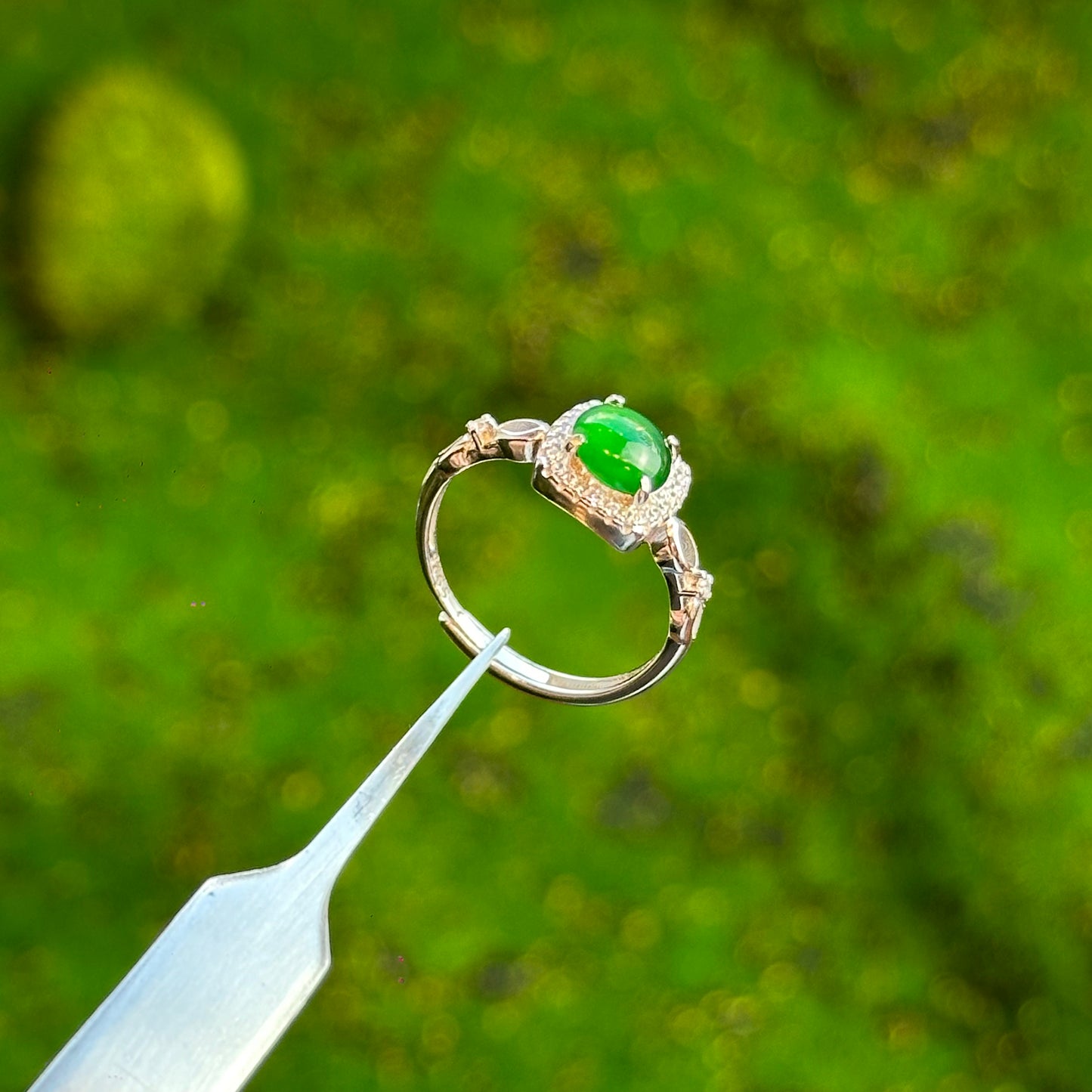 Square Infinity Icy Imperial Green Natural Jadeite Jade Ring Free Size in Silver 925 Setting