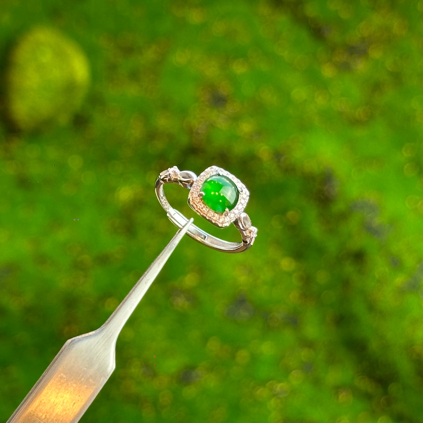Square Infinity Icy Imperial Green Natural Jadeite Jade Ring Free Size in Silver 925 Setting