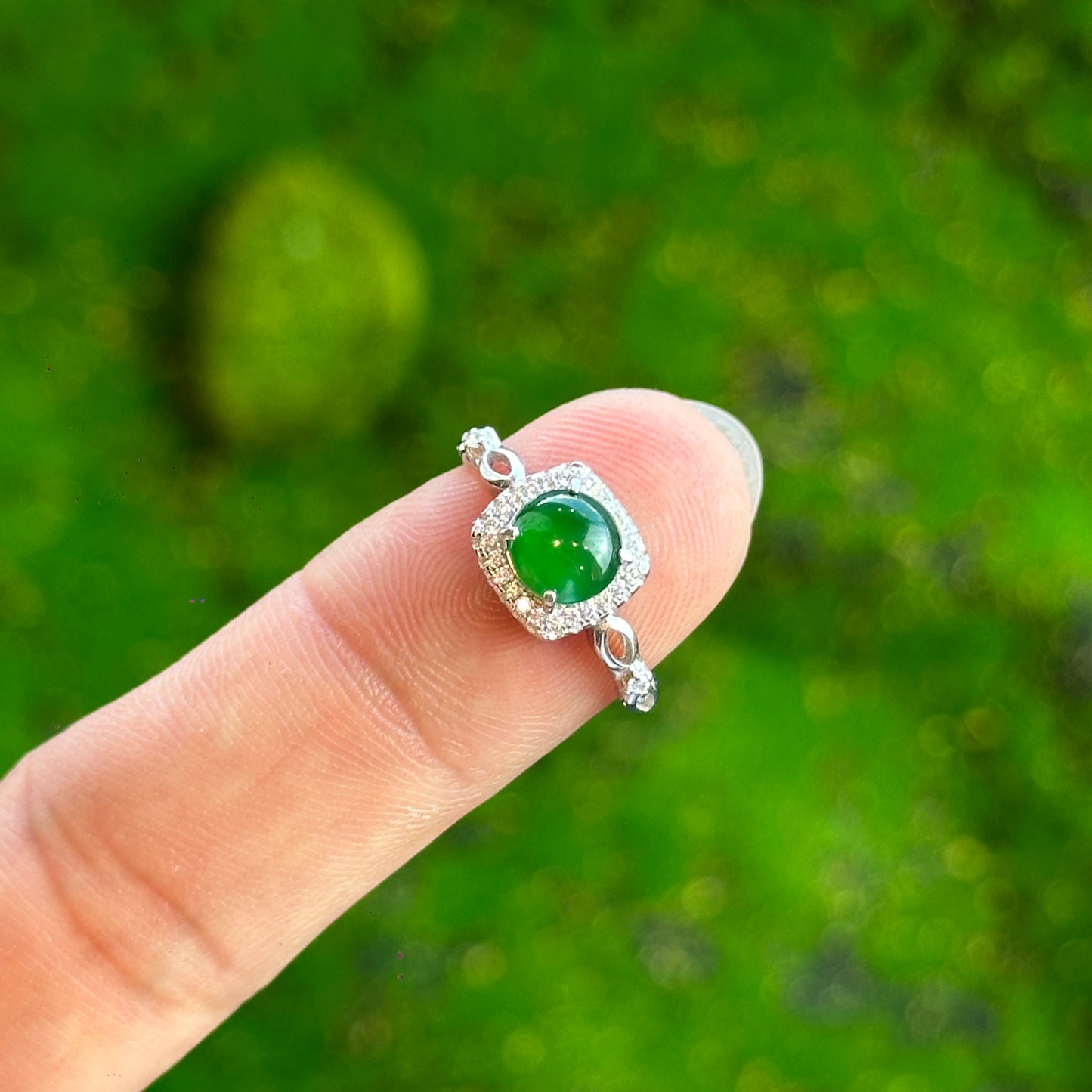 Square Infinity Icy Imperial Green Natural Jadeite Jade Ring Free Size in Silver 925 Setting