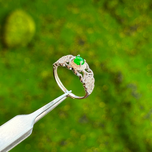 Butterfly Face Icy Imperial Green Natural Jadeite Jade Ring Free Size in Silver 925 Setting