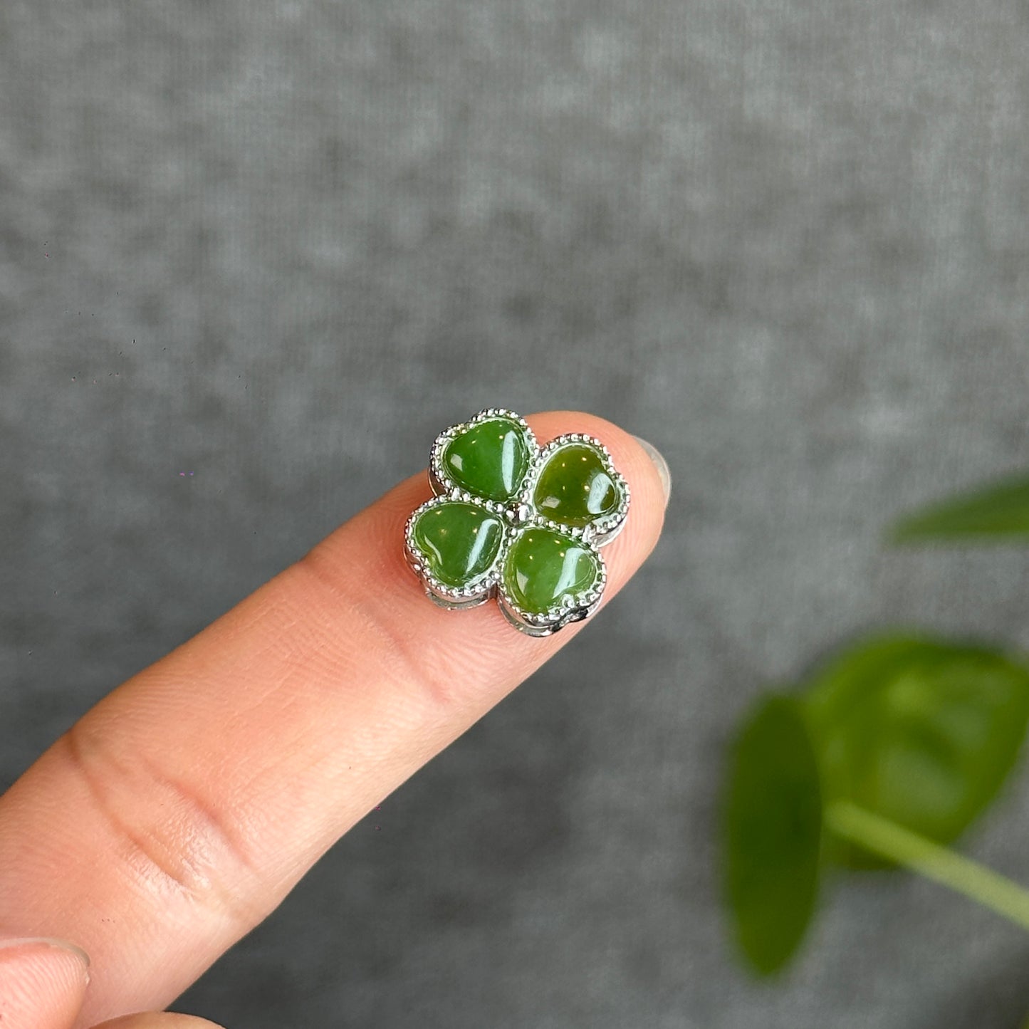 4 Leaf Natural Nephrite Jade silver Charm