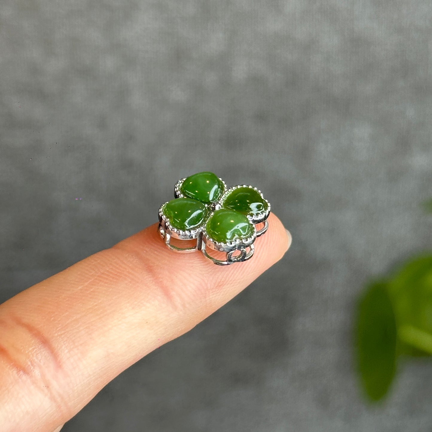 4 Leaf Natural Nephrite Jade silver Charm