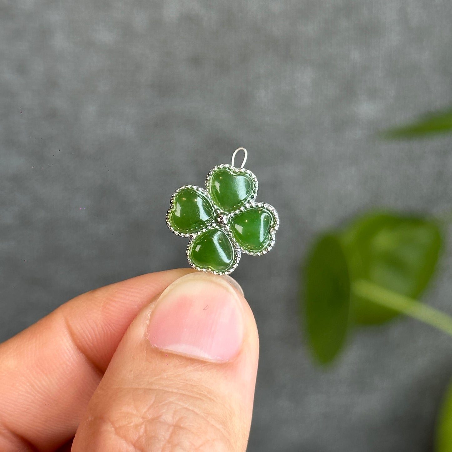 4 Leaf Natural Nephrite Jade silver Charm