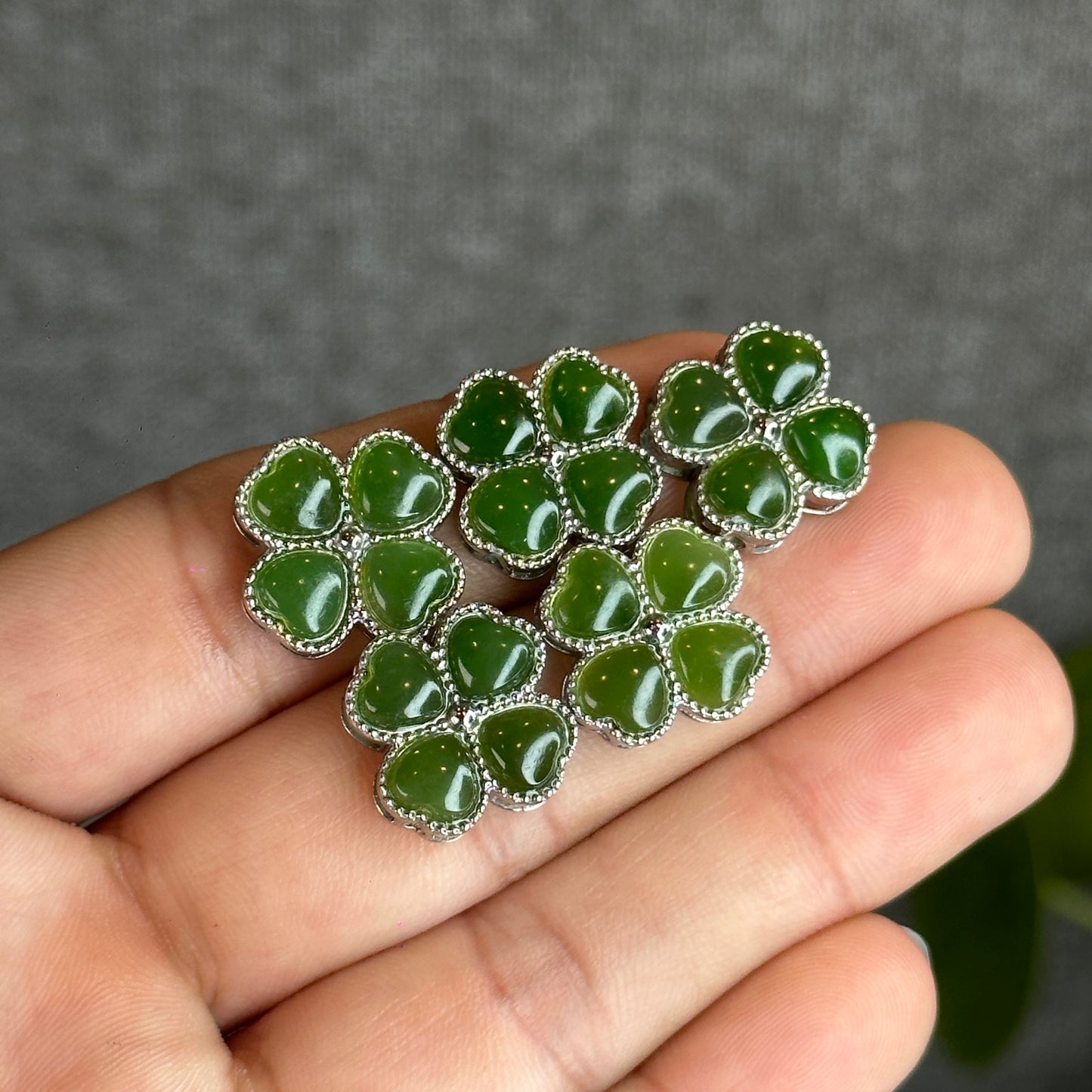 4 Leaf Natural Nephrite Jade silver Charm