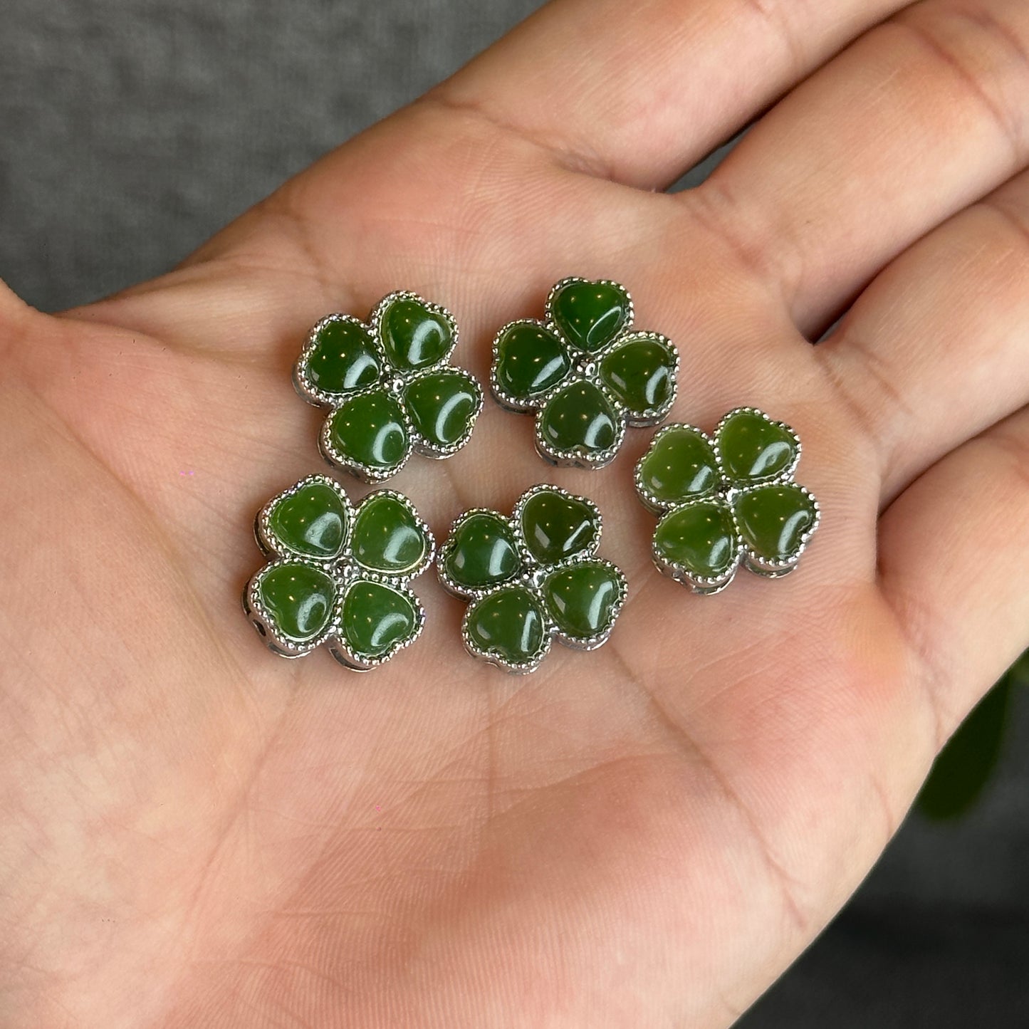 4 Leaf Natural Nephrite Jade silver Charm