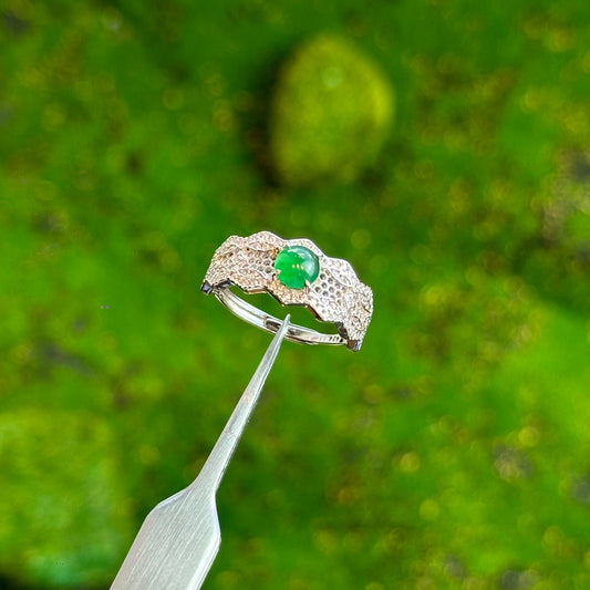 Natural Lace Round Icy Imperial Green Natural Jadeite Jade Ring Free Size in Silver 925 Setting