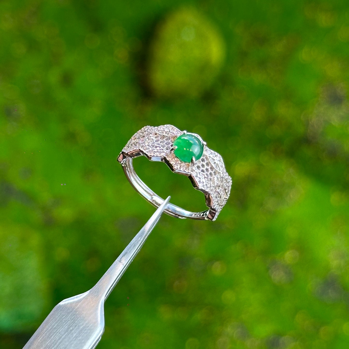 Natural Lace Round Icy Imperial Green Natural Jadeite Jade Ring Free Size in Silver 925 Setting