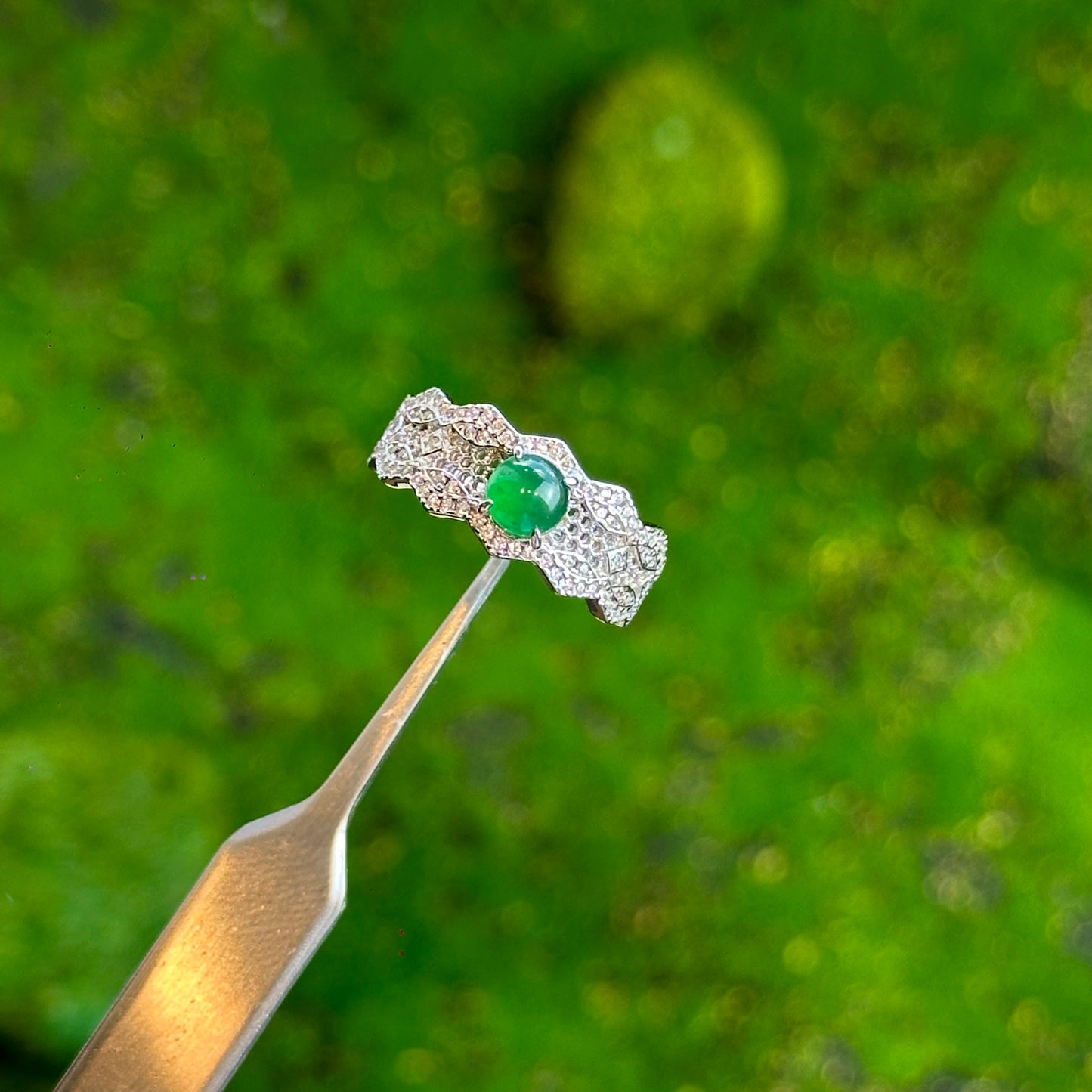 Natural Lace Round Icy Imperial Green Natural Jadeite Jade Ring Free Size in Silver 925 Setting