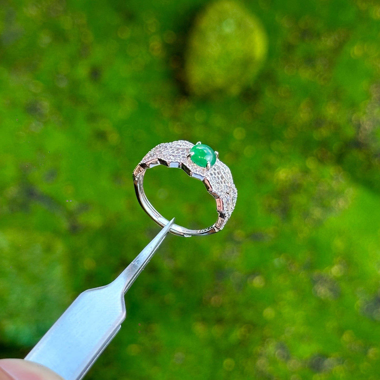 Natural Lace Round Icy Imperial Green Natural Jadeite Jade Ring Free Size in Silver 925 Setting