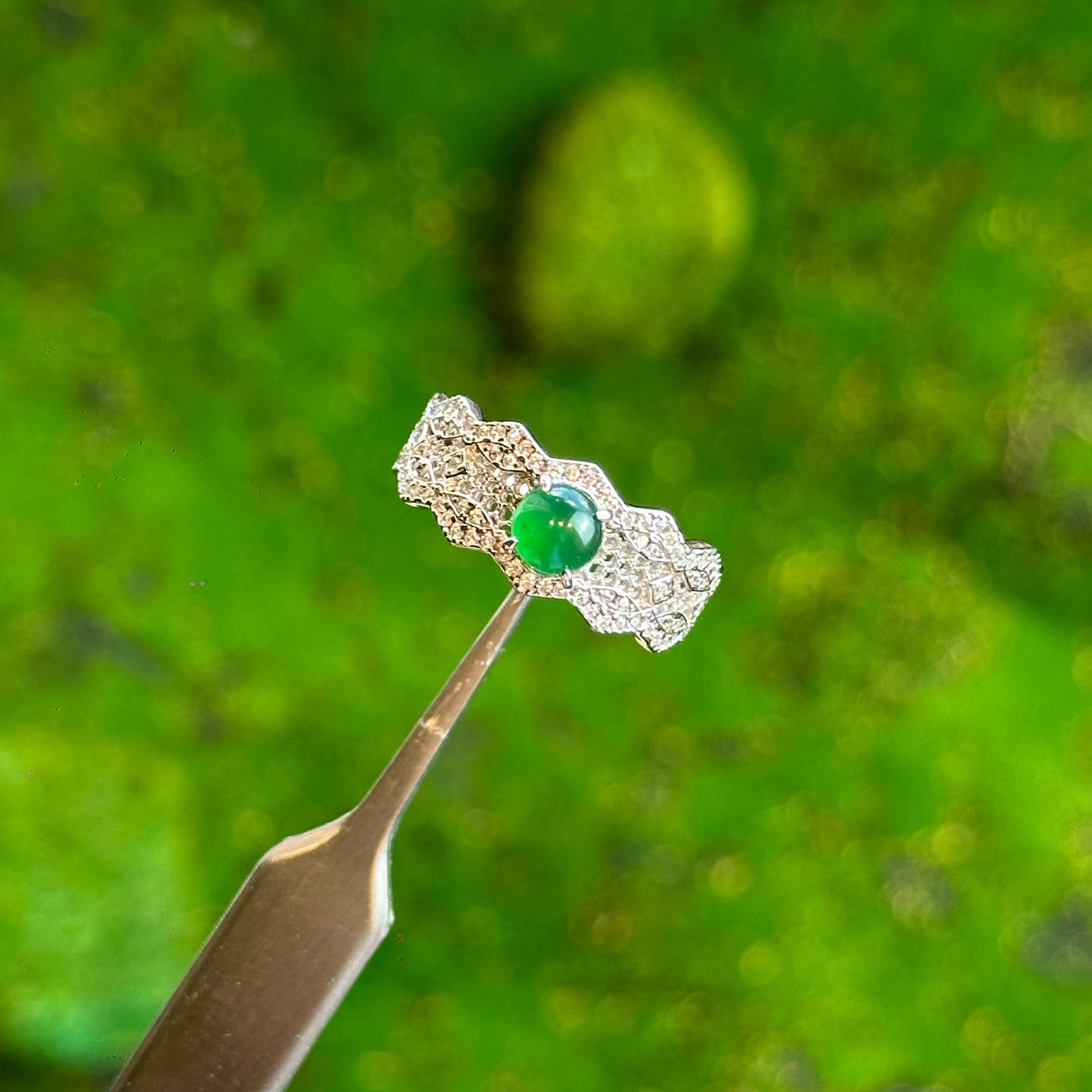 Natural Lace Round Icy Imperial Green Natural Jadeite Jade Ring Free Size in Silver 925 Setting