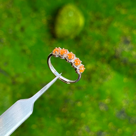5 Stone Orange Natural Jadeite Jade Ring Free size in Silver 925 Setting