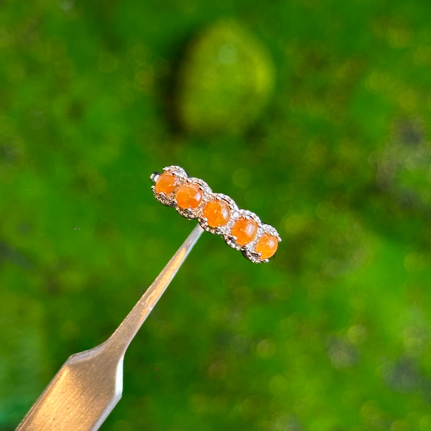 5 Stone Orange Jadeite Jade Ring Free size in Silver 925 Setting