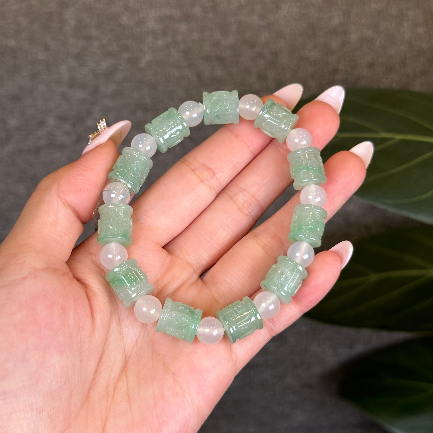 Carved Natural Jadeite Jade Om Mani Padme Hum Bracelet with Chalcedony Beads Size 10 mm with Gem Review Certificate
