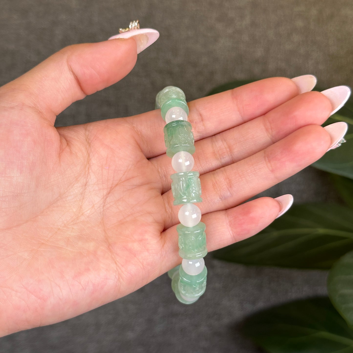 Carved Natural Jadeite Jade Om Mani Padme Hum Bracelet with Chalcedony Beads Size 10 mm with Gem Review Certificate