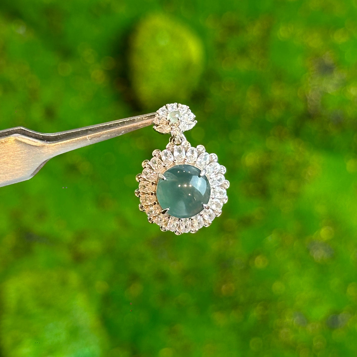 Round Flower Icy Water Green Natural Jadeite Jade Pendant in Silver 925 Setting