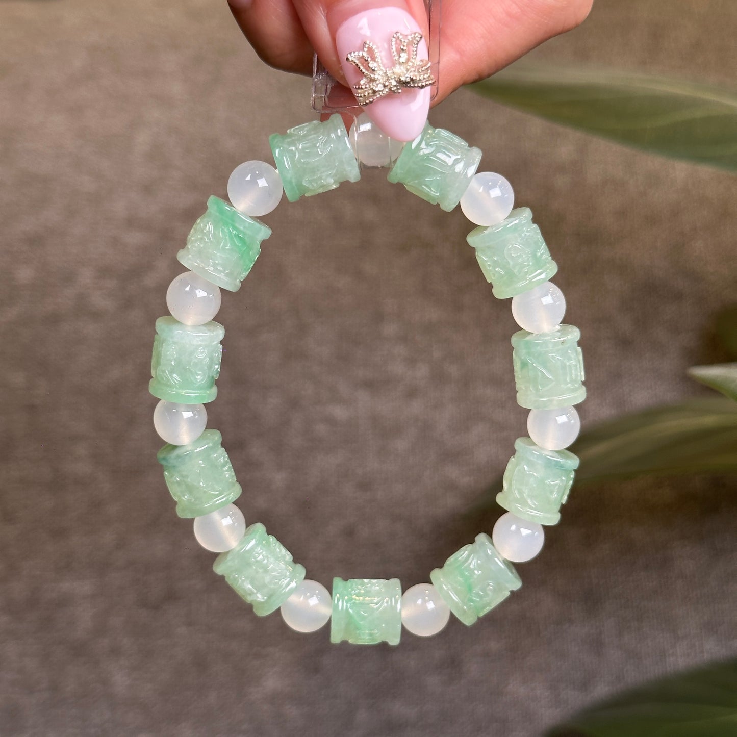 Carved Natural Jadeite Jade Om Mani Padme Hum Bracelet with Chalcedony Beads Size 10 mm with Gem Review Certificate