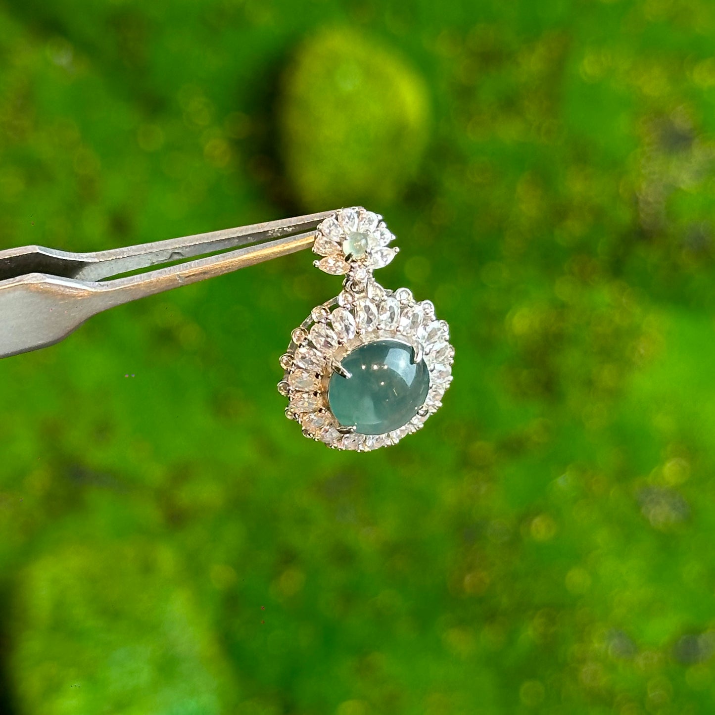 Round Flower Icy Water Green Natural Jadeite Jade Pendant in Silver 925 Setting