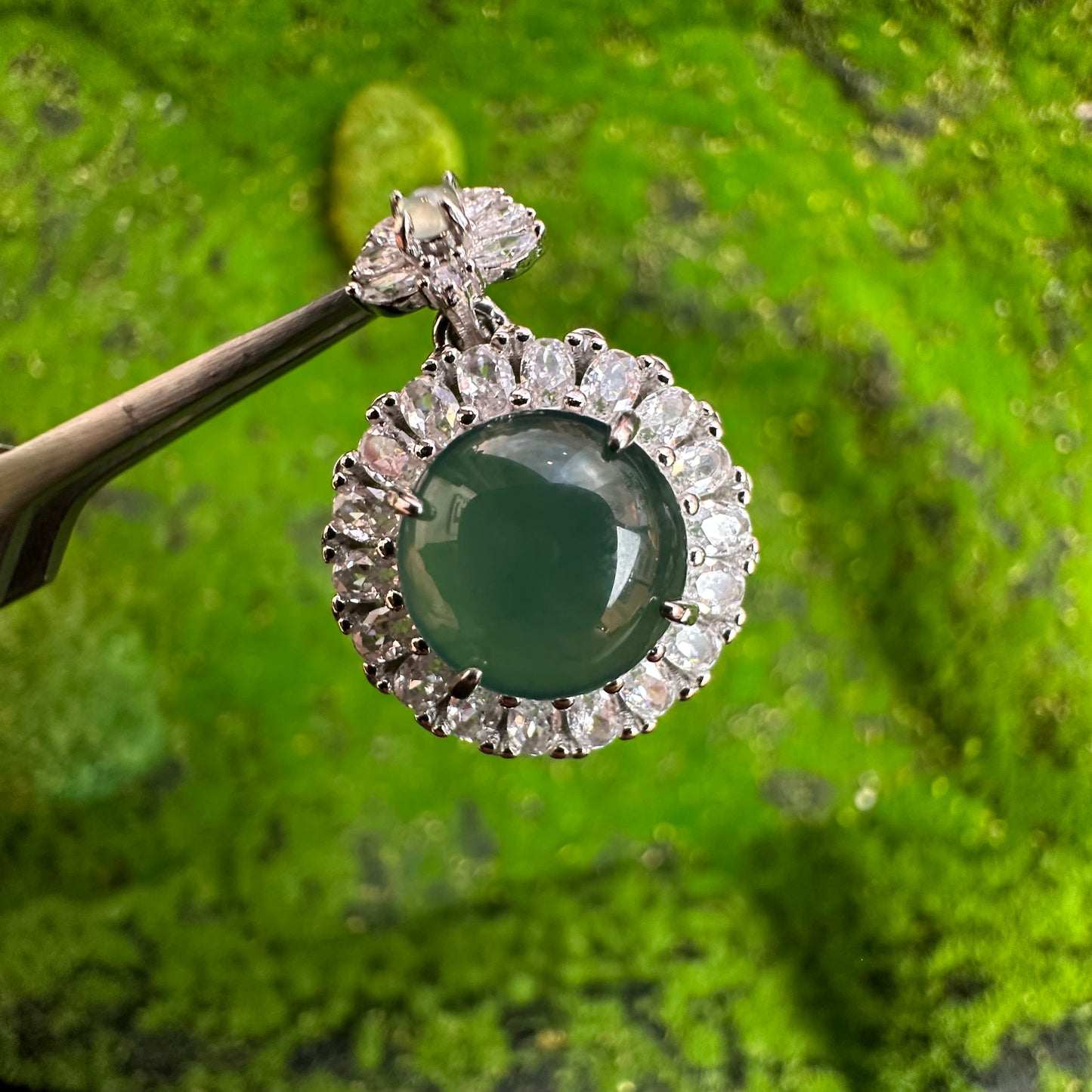 Round Flower Icy Water Green Natural Jadeite Jade Pendant in Silver 925 Setting