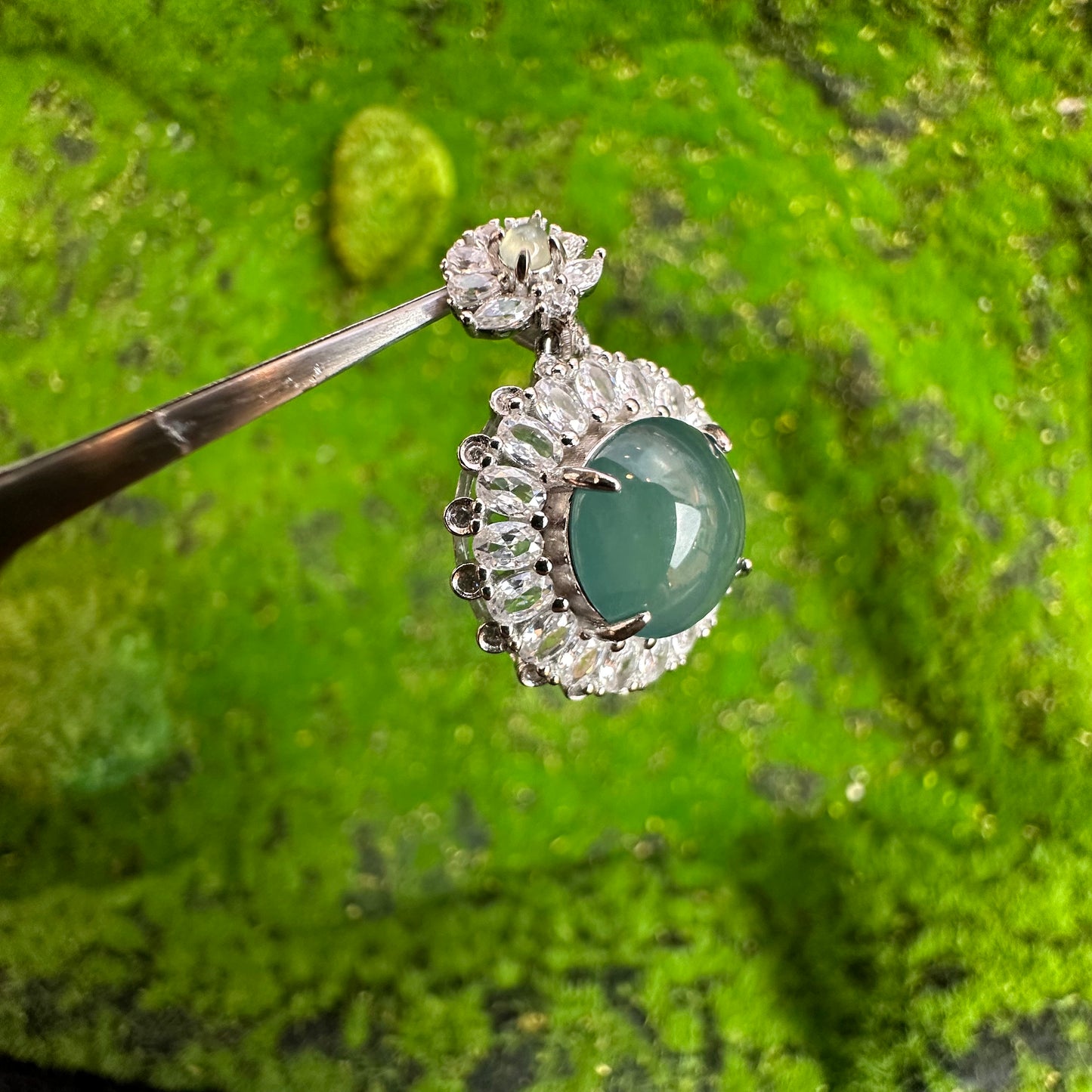 Round Flower Icy Water Green Natural Jadeite Jade Pendant in Silver 925 Setting