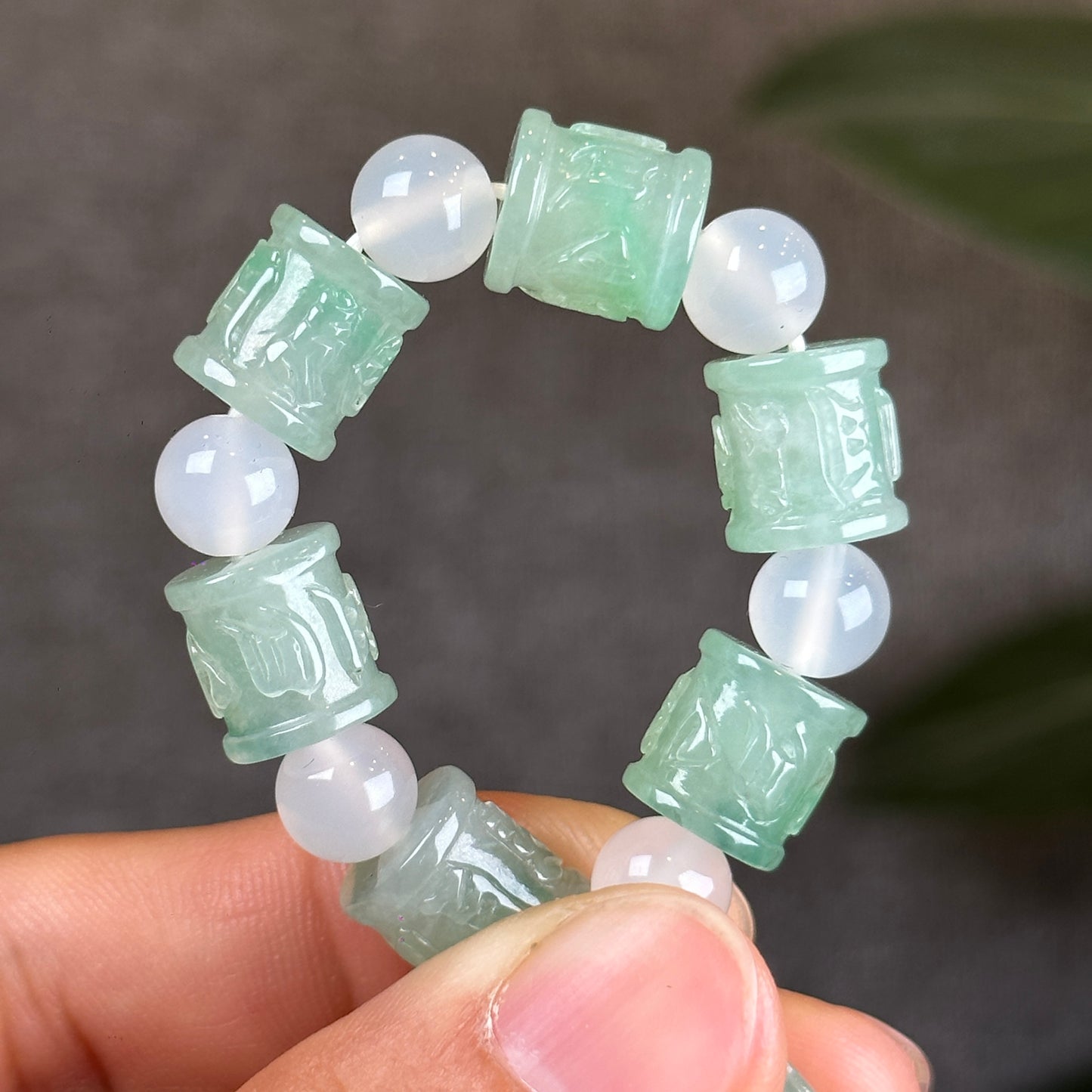 Carved Natural Jadeite Jade Om Mani Padme Hum Bracelet with Chalcedony Beads Size 10 mm with Gem Review Certificate
