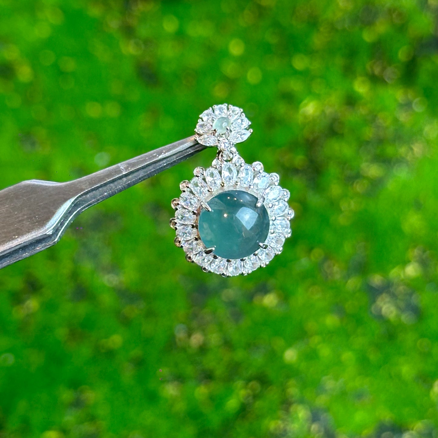 Round Flower Icy Water Green Natural Jadeite Jade Pendant in Silver 925 Setting