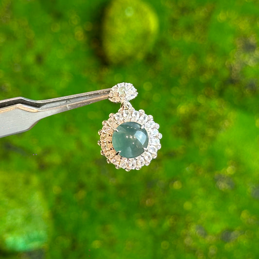 Round Flower Icy Water Green Natural Jadeite Jade Pendant in Silver 925 Setting