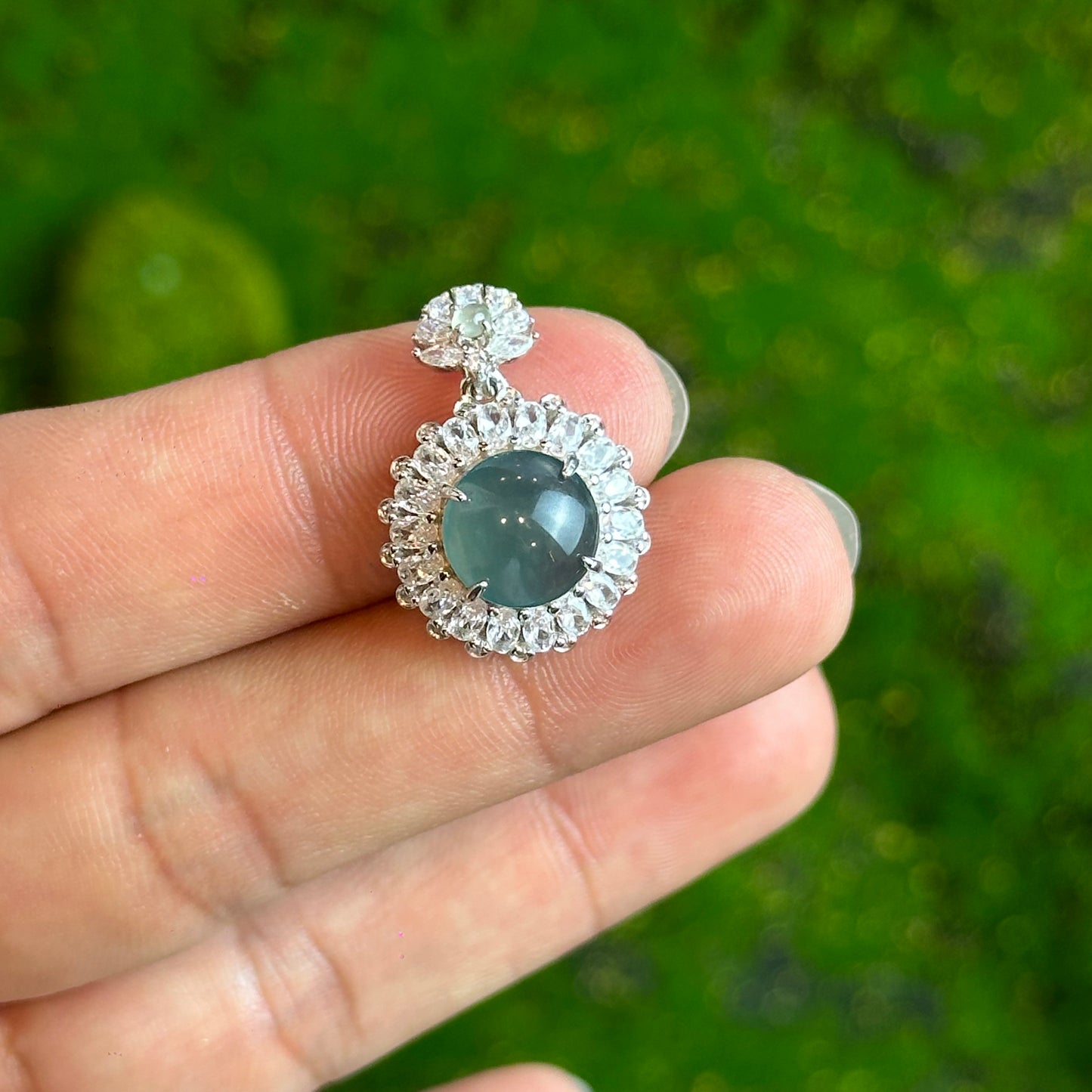 Round Flower Icy Water Green Natural Jadeite Jade Pendant in Silver 925 Setting
