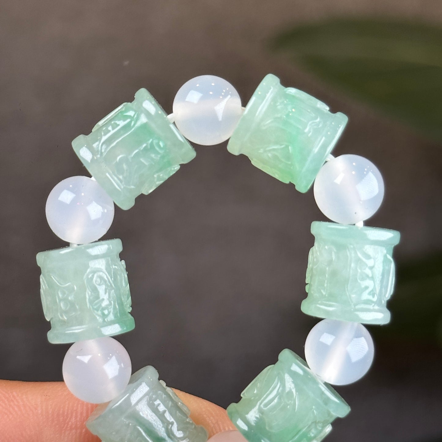 Carved Natural Jadeite Jade Om Mani Padme Hum Bracelet with Chalcedony Beads Size 10 mm with Gem Review Certificate